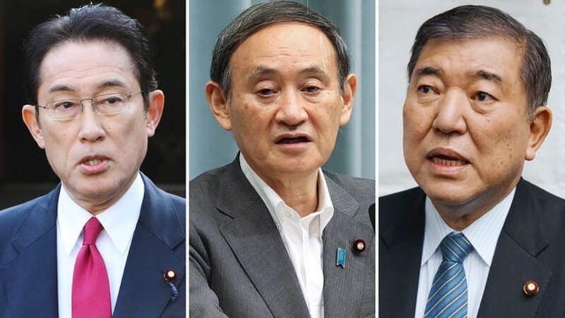 安倍晋三辞职，三位可能的接班人，分别是日本内阁官房长官菅义伟(中)、自民党政调会长岸田文雄(左)和众议员石破茂(右)，都正式宣布参选自民党总裁。(法新社)