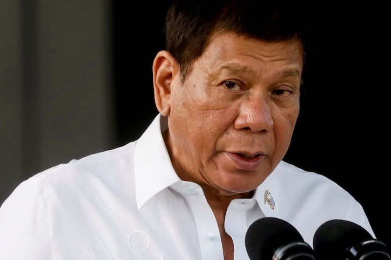 Philippine President Rodrigo Duterte pictured sat Villamor Air Base in Pasay, Metro Manila, Philippines, Feb. 28, 2021. Credit: Reuters