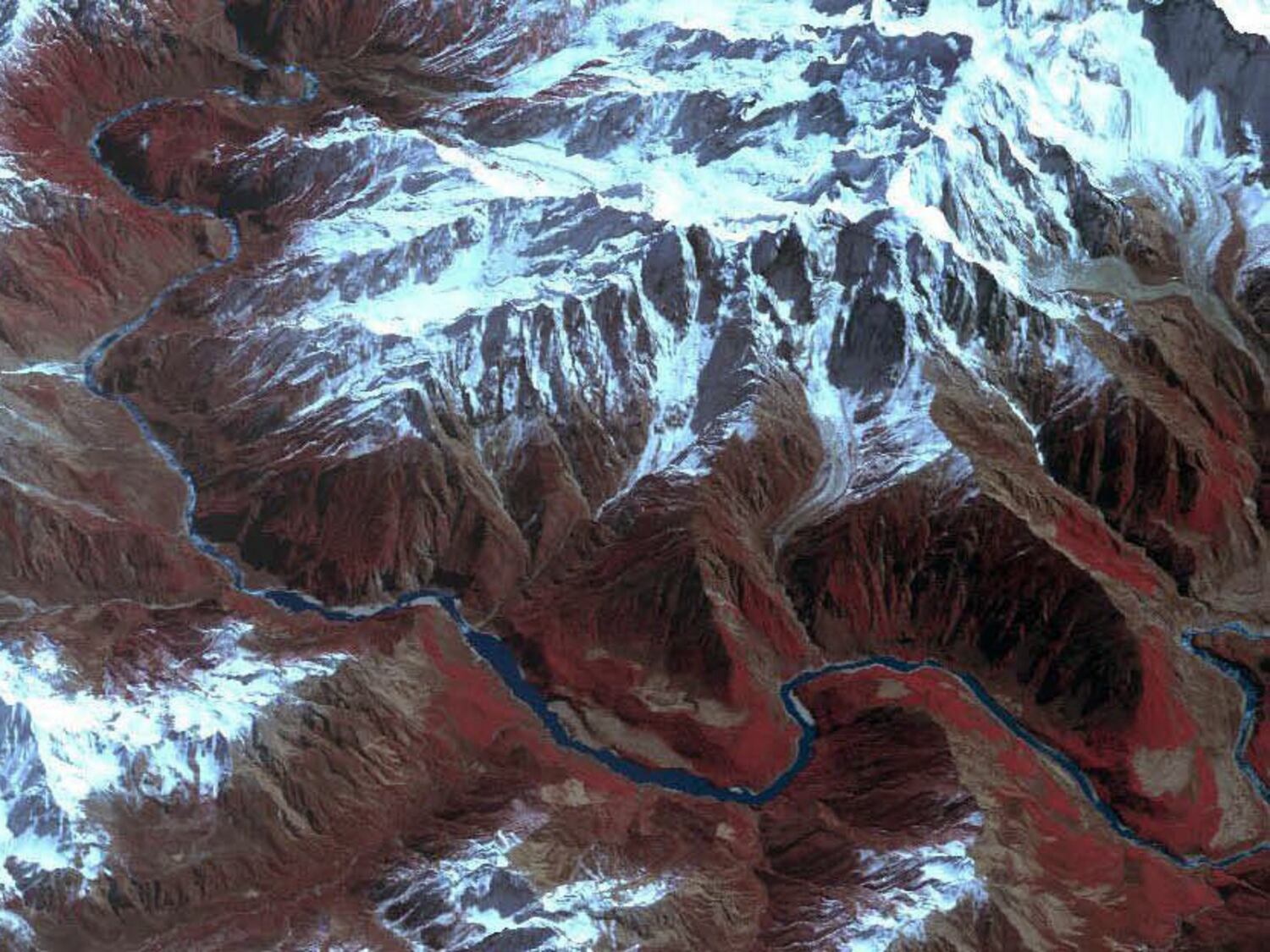 The Yarlung Zangbo River is shown on the Tibetan Plateau in a Feb. 25, 2004, satellite image.