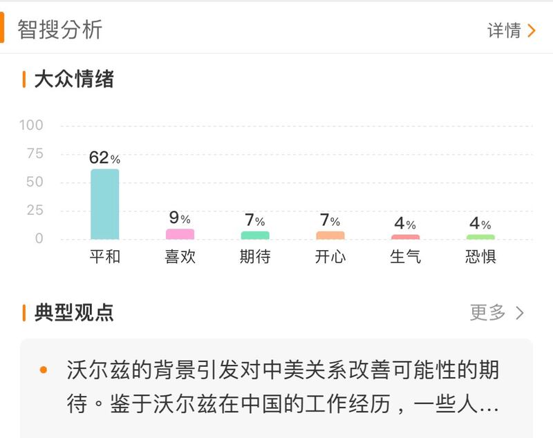 "微博智搜"就话题"哈里斯副手曾在中国任教"作出的大众情绪分析（微博截图）