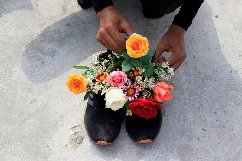 Protest shoes are set up on a street in Kamaryut, Yangon. (RFA)