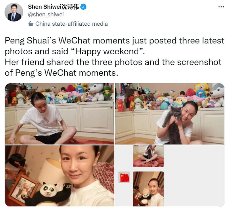 A Tweet from Chinese journalist Shen Shiwei's Twitter account allegedly showing recent photos of Chinese tennis player Peng Shuai, which have not been independently verified by Reuters, are seen in this screen grab obtained via social media on November 20, 2021. Credit: Shen Shiwei/Twitter/via Reuters