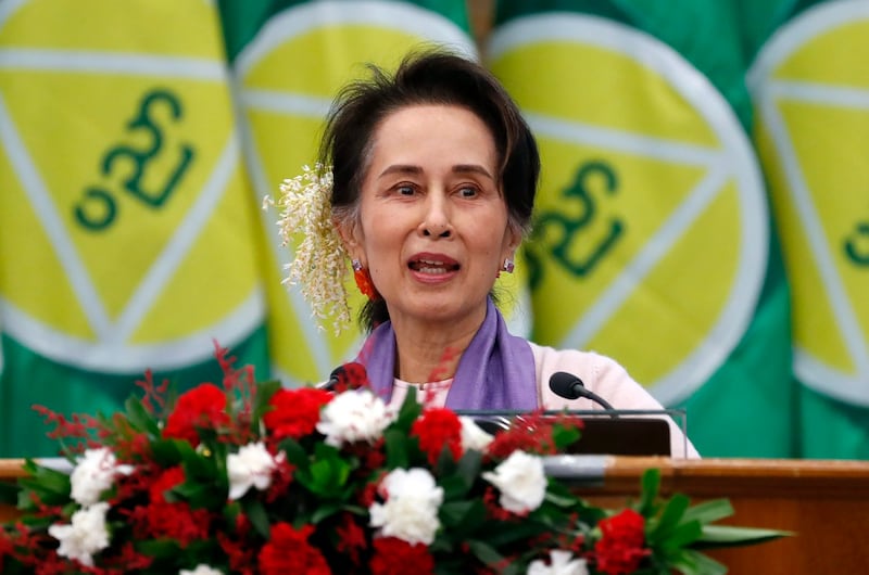 Aung San Suu Kyi delivers a speech on education in the Myanmar capital Naypyidaw, Jan. 28, 2020. [Aung Shine Oo/AP]