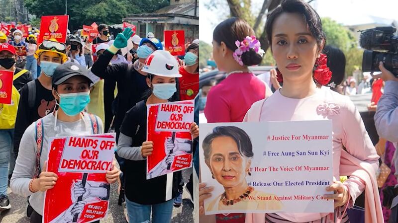 Mya Hnin Ye Lwin (left photo in the black cap) takes part in a street protest after the Feb. 1 coup; the actor (right photo) impersonates Aung San Suu Kyi during a protest. Credit: Mya Hnin Ye Lwin/Facebook