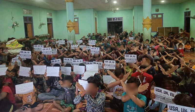 People protest the sale of aviation fuel to the Myanmar junta, in Monywa township, Sagaing region, on March 11, 2024. Blurring in photo is from source. (Blood Money)