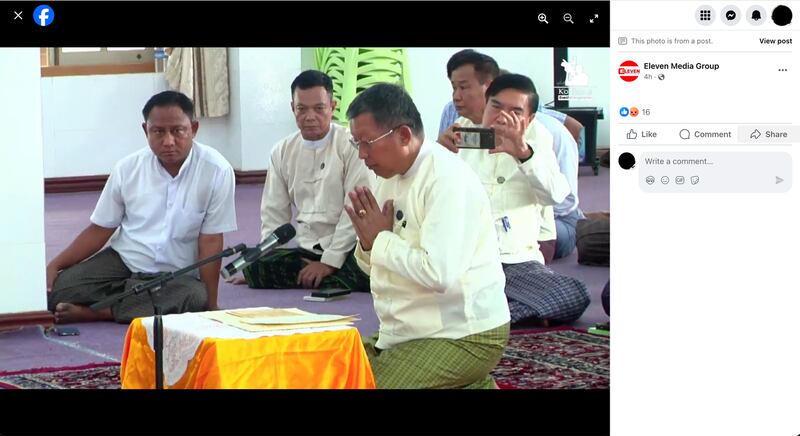 Officials of the junta's Bago region government read an apology letter from junta chief Senior General Min Aung Hlaing, June 24, 2024 at the Win Neinmitayon Monastery. (Eleven Media Group via Facebook)