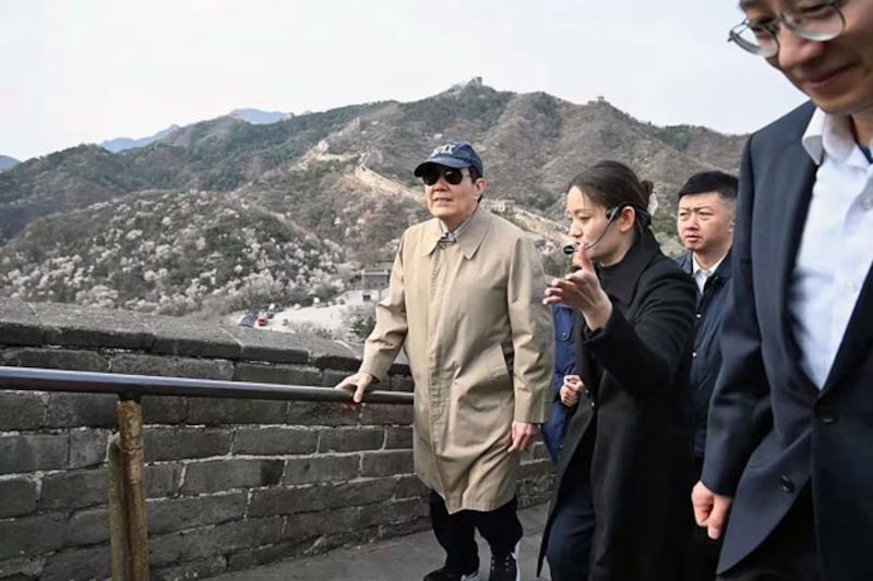 Taiwan's former President Ma Ying-jeou (with cap) visits the Great Wall of China on the outskirts of Beijing, April 9, 2024. (Ma Ying-jeou Foundation via AFP)