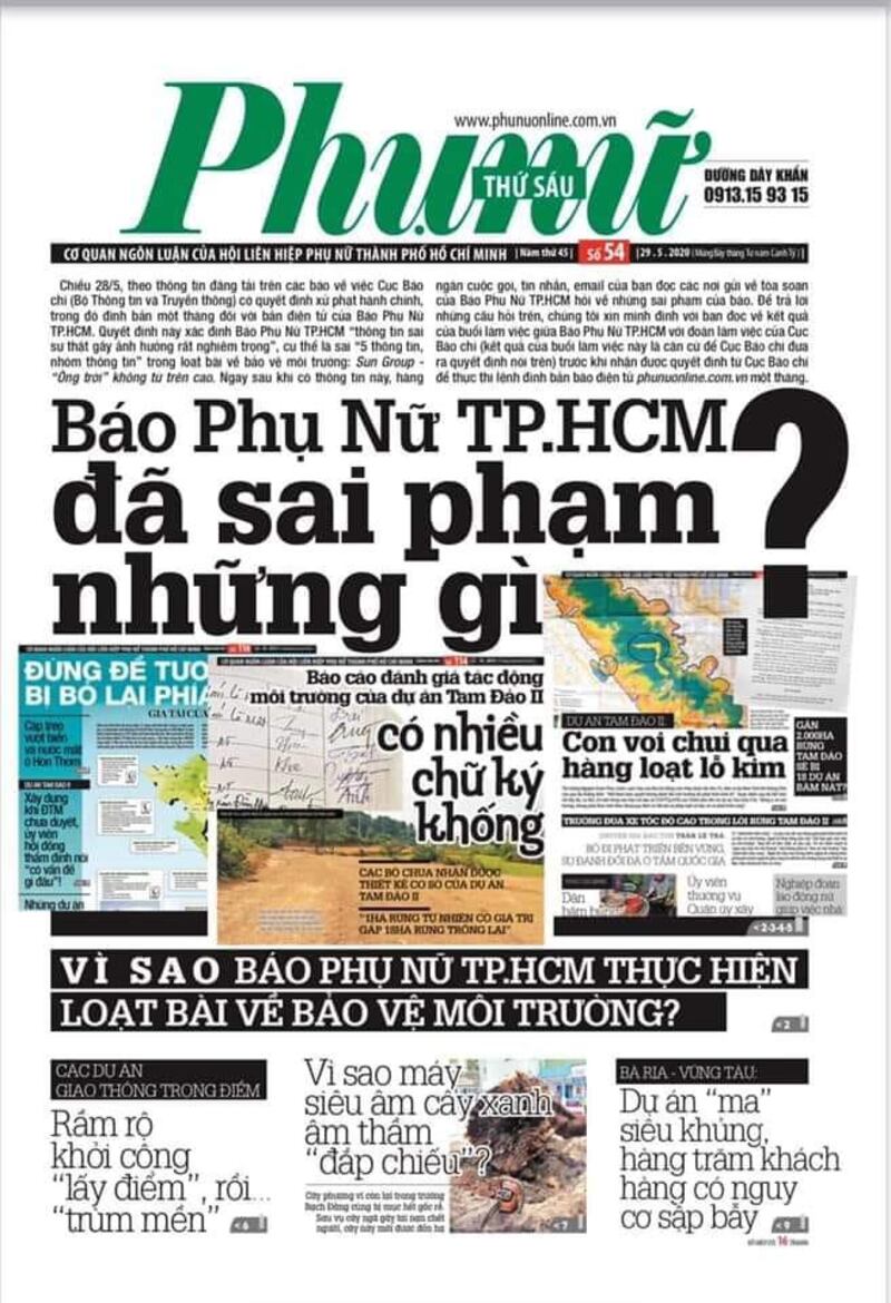 Báo Phụ nữ ngày 29 tháng 5 với bài viết "Báo Phụ nữ TP. HCM đã sai phạm những gì?" 