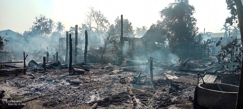 Scene in one of two villages in Mingin township of Myanmar's Sagaing region that were hit by military junta arson attacks that destroyed more than 270 houses, Feb. 10, 2022. Credit: Citizen journalist.