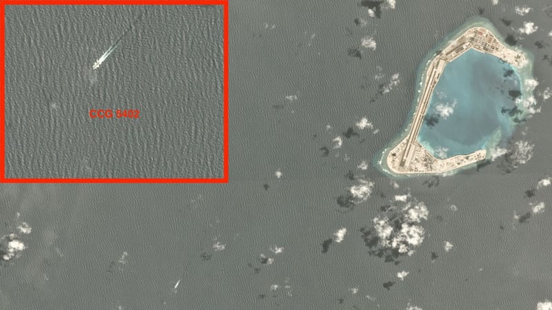 Satellite imagery shows a ship leaving Subi Reef, corresponding to the 5402's location according to vessel tracking data, July 3, 2020. 