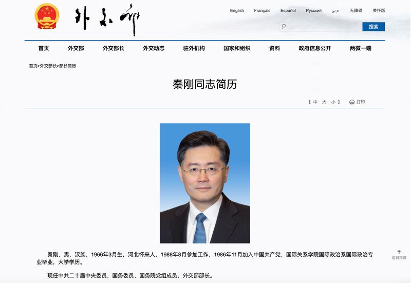 北京时间7月17日晚间，中国外交部官网，"外交部长"栏目仍有现任部长秦刚的照片与资讯。（中国外交部官网截图）