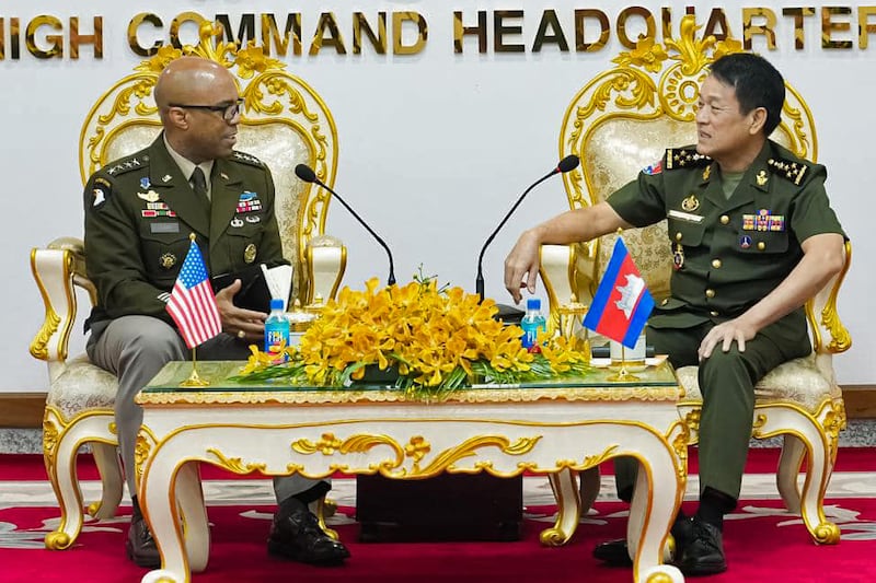 Gen. Ronald P. Clark, left, commander of the US Army Pacific, meets with Gen. Vong Pisen, commander-in-chief of the Royal Cambodian Armed Forces, on Feb. 24, 2025.