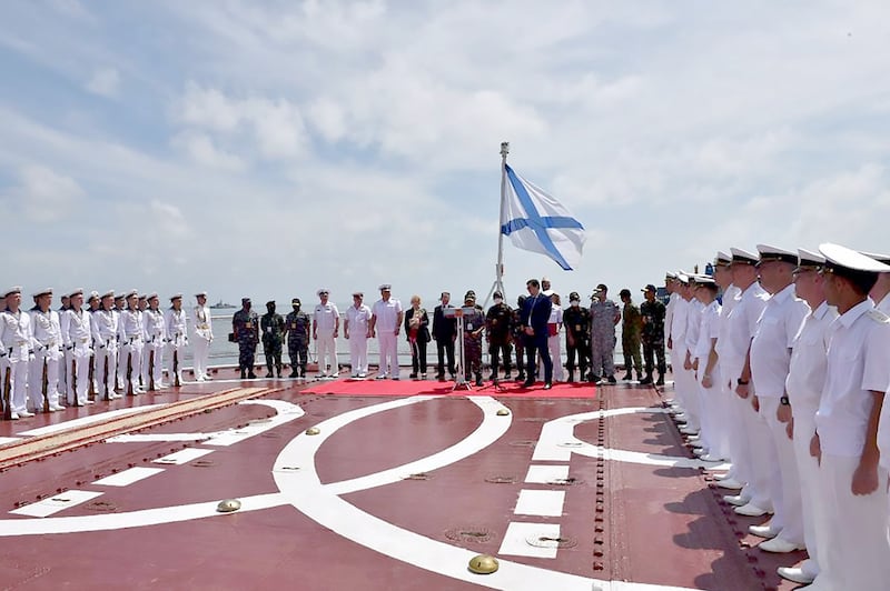 This handout photo taken and released on December 1, 2021 by the Indonesian fleet command Koarmada I shows an admiral inspection ceremony on the Russian destroyer Admiral Panteleyev off the waters of Belawan during a joint exercise between the Indonesian Navy, the Russian Navy and Association of Southeast Asian Nations (ASEAN) members. Credit: AFP/Indonesian Fleet Command Koarmada.