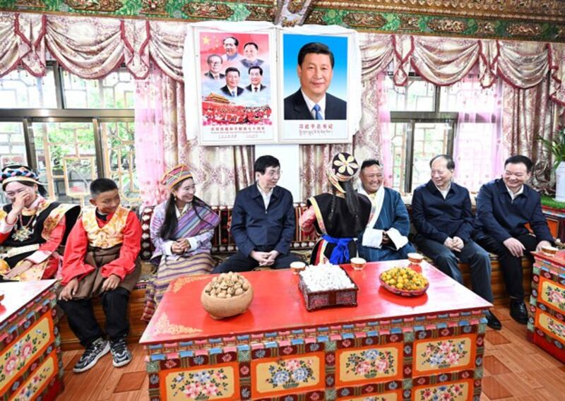 Wang Huning, a member of the Standing Committee of the Political Bureau of the Chinese Communist Party, visits local residents in Nyingchi in western China's Tibet Autonomous Region, during an inspection tour of the region, July 25, 2023. Credit: Yan Yan/Xinhua via Getty Images