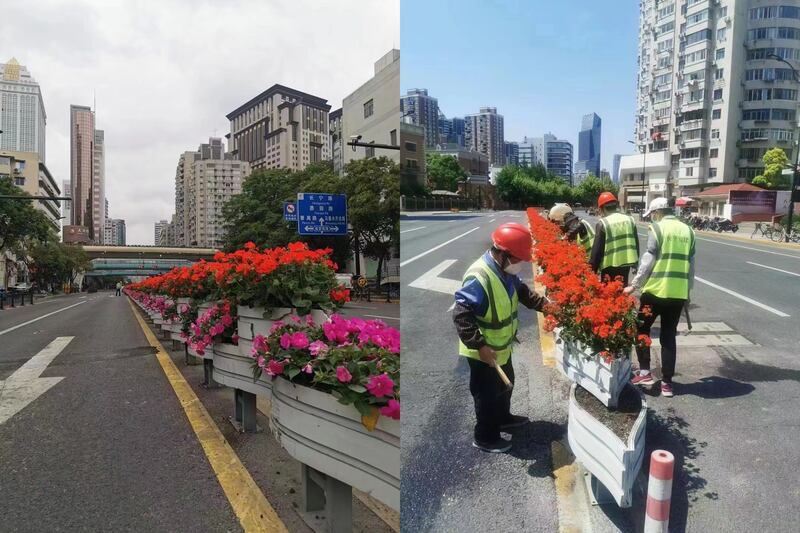 上海延安路沿線，當局正在布置鮮花，修建草坪。居民推測有中央領導人到滬慶祝上海「動態清零」。（網絡圖片）