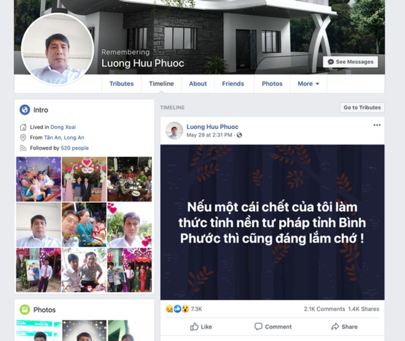 Ảnh chụp màn hình Facebook của ông Lương Hữu Phước vào tối ngày 1/6/2020.