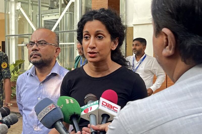 U.S. Deputy Assistant Secretary of State Afreen Akhter speaks with the media outside the Refugee Relief and Repatriation Commissioner's office in Cox's Bazar, Bangladesh, Oct. 17, 2023. Credit: Tanbir Miraj/AFP