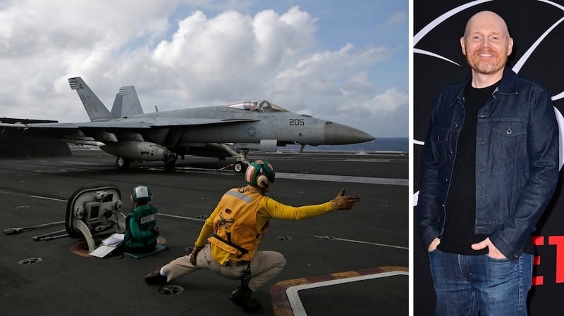 Stand-up comedian Bill Burr [right] joked in 2018 that calling U.S. Navy catapult officers [left] on aircraft carriers heroes is a bit of a stretch, given that they often are doing nothing more than “warrior one” yoga poses. Credit: Associated Press [right]; AFP