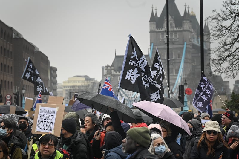 Demonstrators protest at the proposed site of the Chinese “mega-embassy” in London, Feb. 8, 2025.