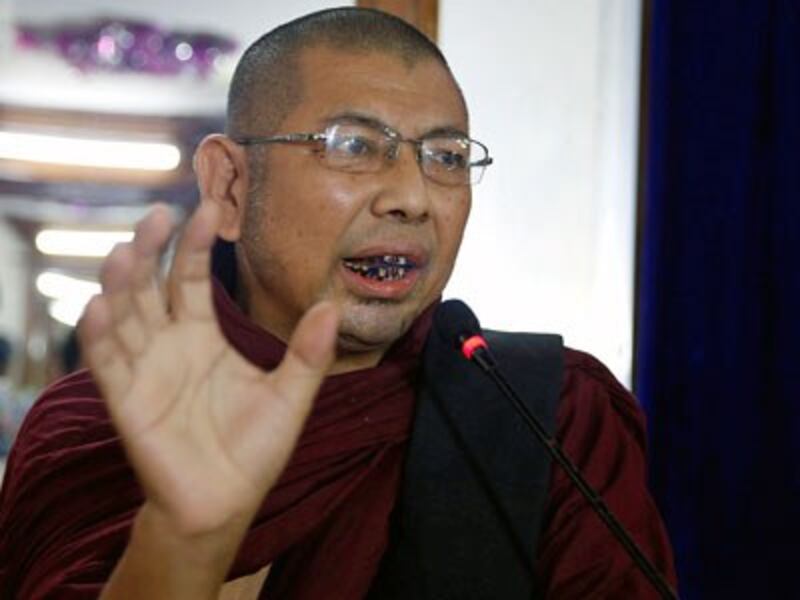 Myanmar monk Parmaukkha talks to the media at a press conference about a scuffle between Buddhist nationalists and Muslims in Yangon, May 11, 2017.