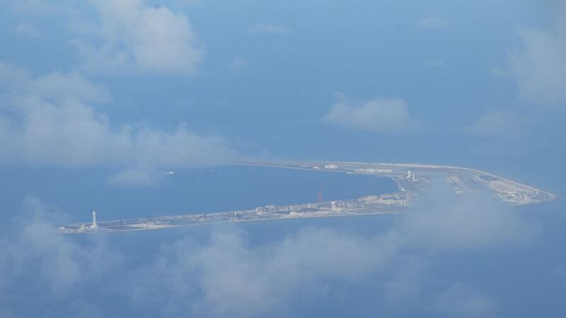 An aerial shot of Chinese-claimed reef Subi reef, taken from a Philippine Air Force plane, April 21, 2017. 