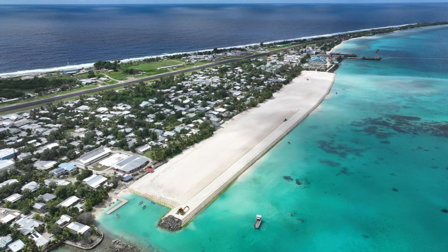 This undated image shows a seven-hectare land reclamation on the principal island of Tuvalu’s Funafuti atoll following its completion in November 2023.