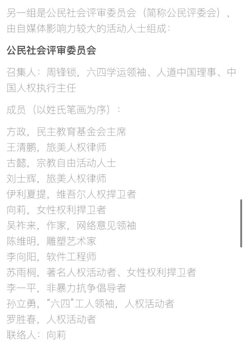 本次活动的评委名单（"中国行动"网站截图）