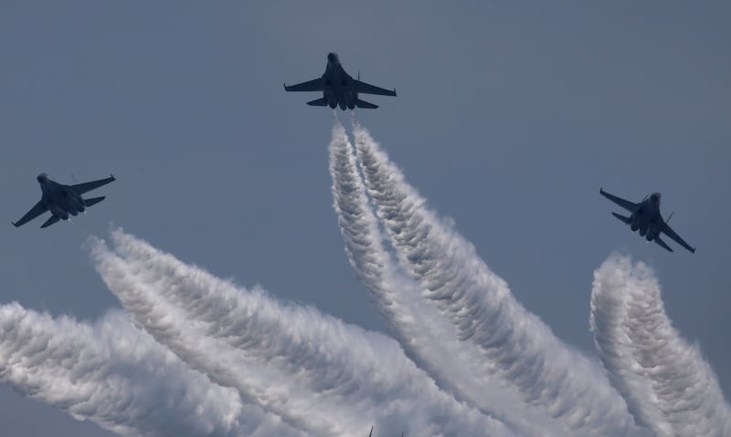 Sukhoi jet fighter of Indonesia's air force as seen during celebrations of the 72nd anniversary of the Indonesia military, in Cilegon, Banten province, Indonesia, October 5, 2017. REUTERS/Beawiharta