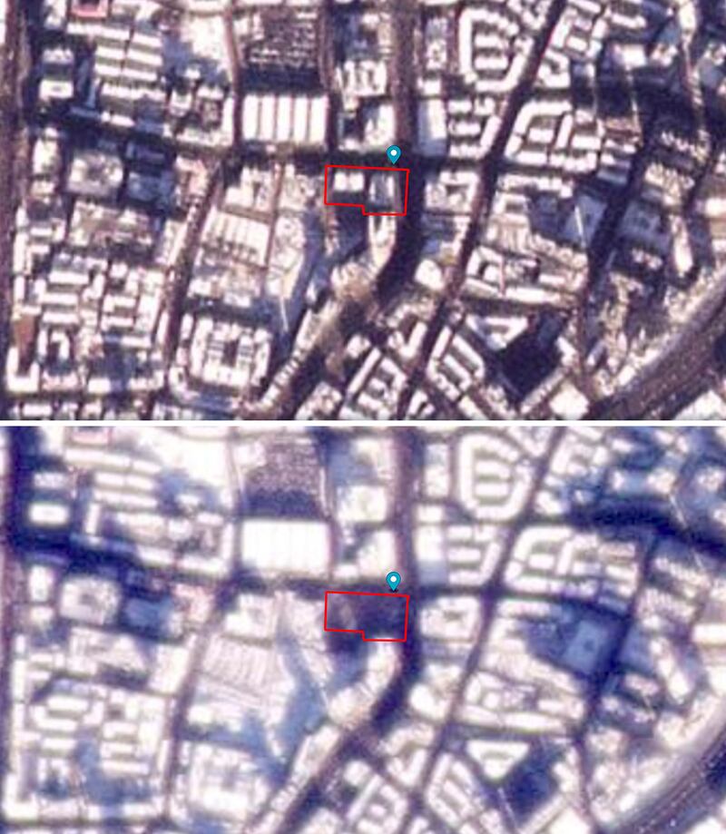 The location of the Rebiya Kadeer Trade Center in Urumqi in China’s Xinjiang region is highlighted by a red square, top, on Nov. 29, 2024, before it was demolished, and on Dec.3, 2024, bottom, after it was razed.