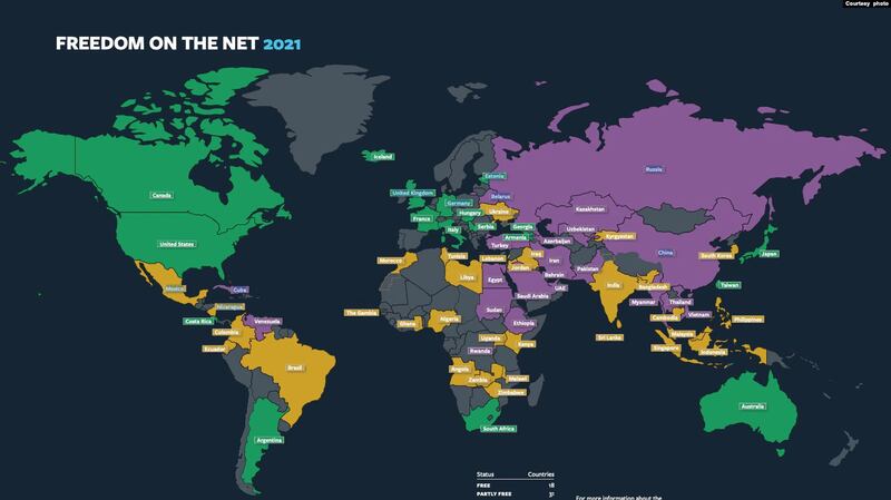 2021年自由之家网络自由报告国别图示，绿色代表自由，黄色代表部分自由，紫色代表不自由。（自由之家 ）