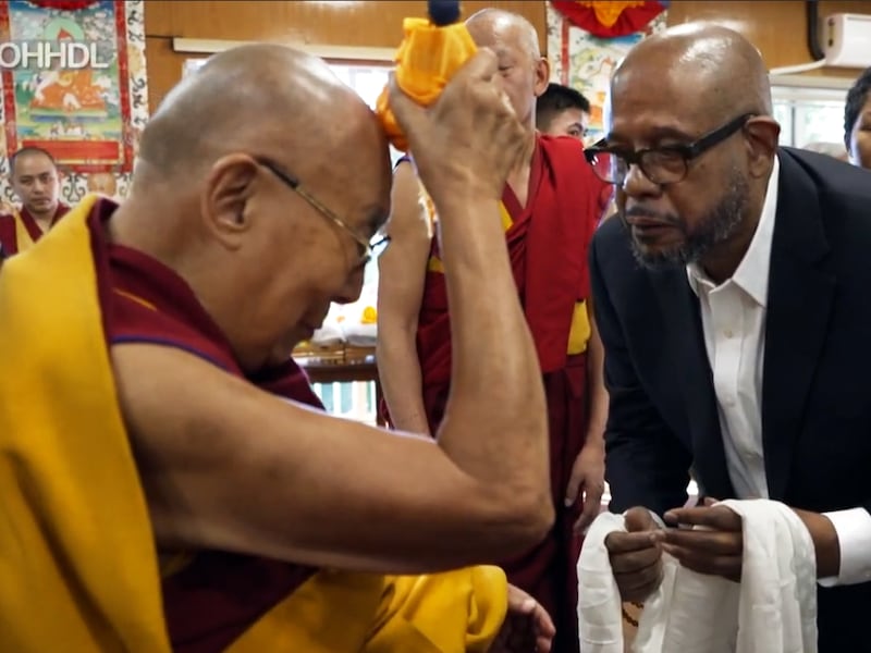 The Dalai Lama meets with Oscar-winning actor Forest Whitaker at the Tibetan Buddhist spiritual leader’s residence in Dharamsala, India on Dec. 4, 2024.