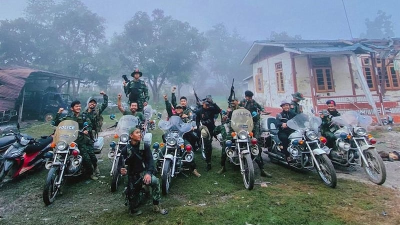 Joint Karenni resistance forces celebrate after seizing the state police station in Loikaw, Myanmar, on Dec. 10, 2023. (Progressive Karenni People Force – PKPF)