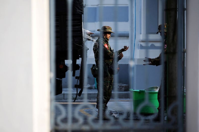 Myanmar soldiers are seen inside City Hall in Yangon, Myanmar February 1, 2021. REUTERS/Stringer