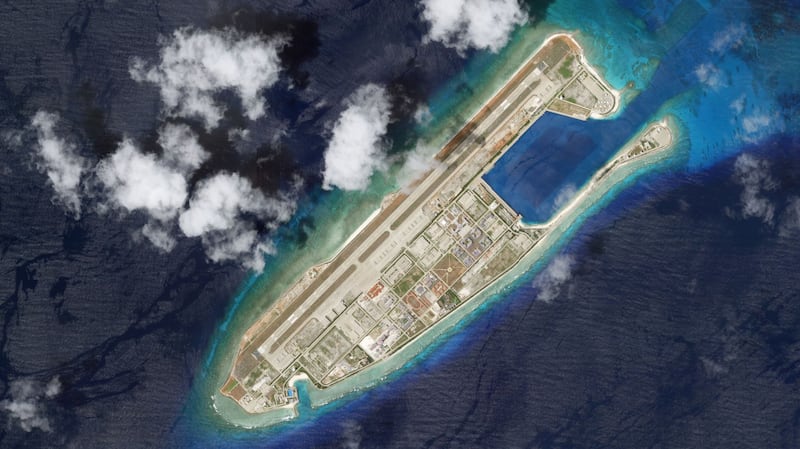 The Chinese-built base at Fiery Cross Reef in the disputed Spratly Islands, pictured in an Aug. 20, 2021, satellite image. Credit: Planet Labs Inc.