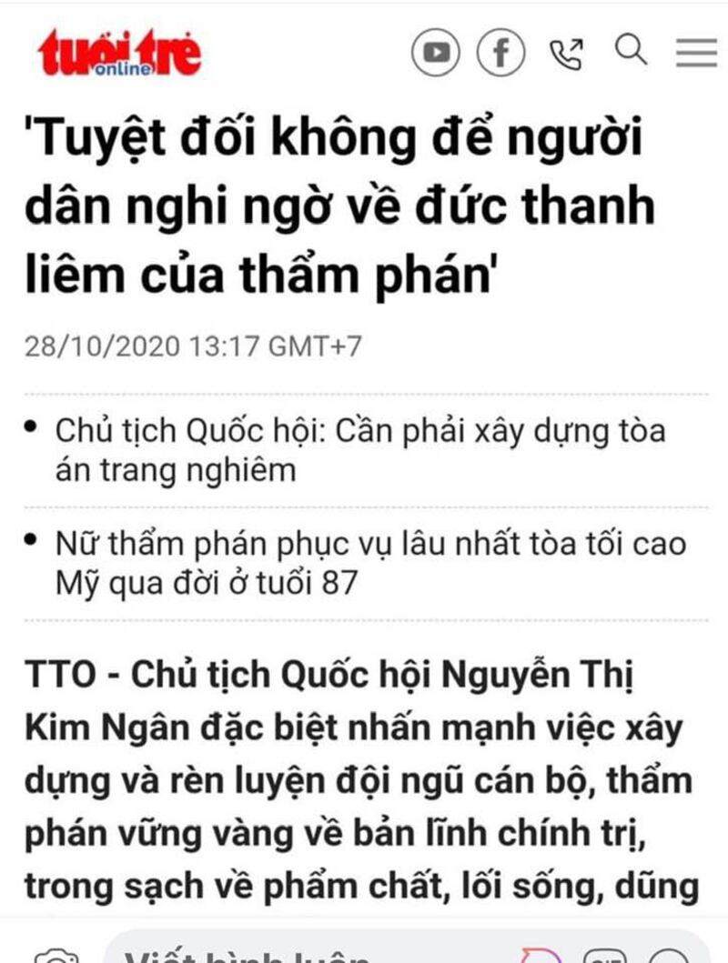 Bài báo của Tuổi Trẻ Online, ngày 28/20/2020, đăng tít lời phát biểu của Chủ tịch Quốc hội Nguyễn Thị Kim Ngân.