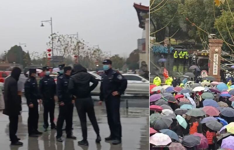 左图：民众集会点周边布满警察。 右图：民众冒雨在武汉市政府门前，要求政府答复为何克扣医保福利待遇。（网络图片/古亭提供）