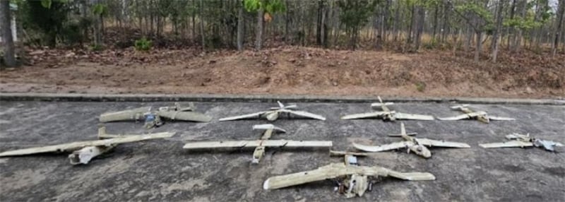 Junta authorities display drones that they say were shot down during the attacks in Myanmar on April 4, 2024. (Myanmar Digital News)