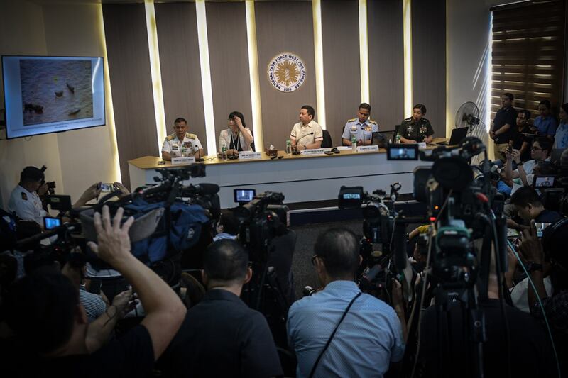 The National Task Force for West Philippines Sea briefs reporters in Manila about the South China Sea incident involving the China Coast Guard, March 6, 2024. (Jojo Riñoza/BenarNews)