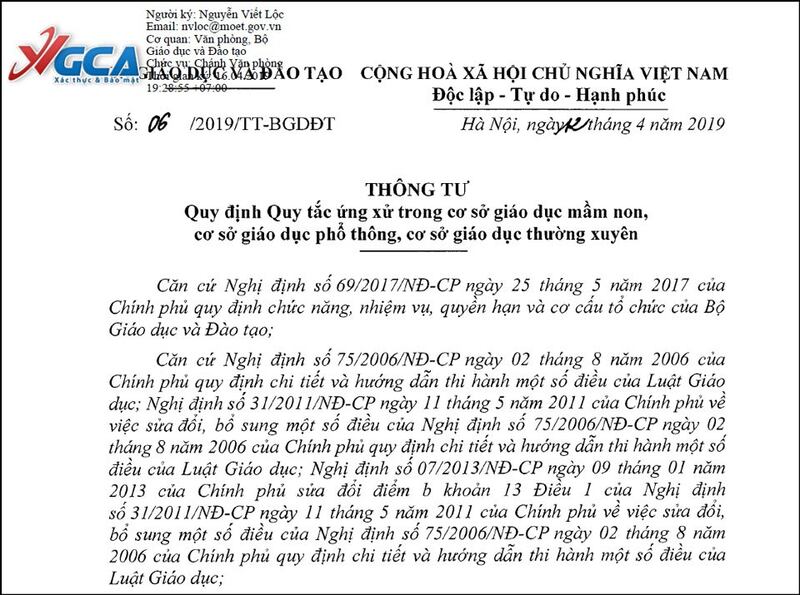 Bộ quy tắc ứng xử trong môi trường giáo dục theo văn bản Thông tư số 06 /2019/TT-BGDDT ngày 12/04/2019 của Bộ Giáo dục và Đào tạo ban hành. 