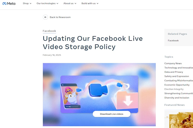 Meta's webpage outlining their process to update Facebook Live videos.