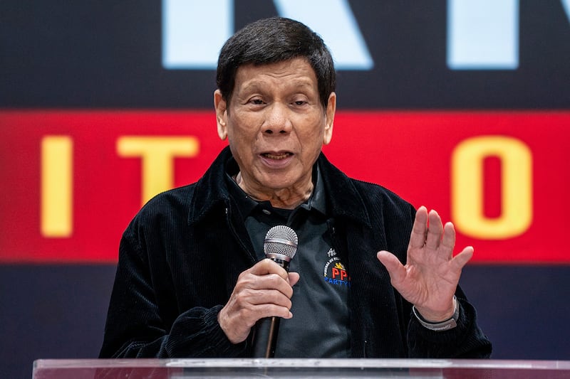 Former President of the Philippines Rodrigo Duterte speaks during a thanksgiving gathering hosted by Hong Kong-based Filipino workers for the former populist president in Hong Kong on March 9, 2025.