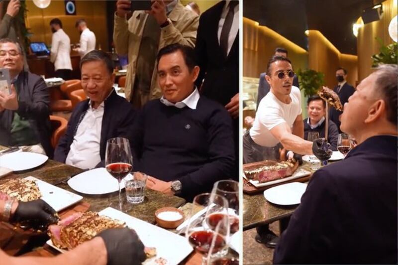 Vietnam's then-Minister of Public Security To Lam, center in left photo, and right in right photo, is fed gold leaf-encrusted steak by celebrity chef Nusret Gökçe “Salt Bae” (in sunglasses) at Gökçe's luxury steakhouse Nusr-E London, Nov. 3, 2021. (nusr_et via TikTok)