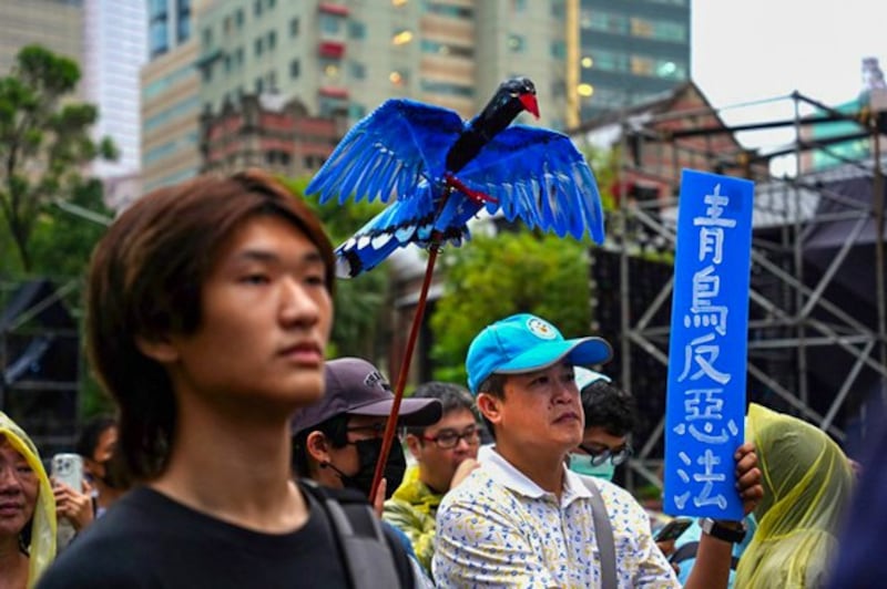 A protester holds an effigy of a blue bird outside Taiwan's parliament in Taipei to show his opposition to new laws that critics say will boost Chinese influence in the island's democracy, May 28, 2024. (Alice Yam/RFA)