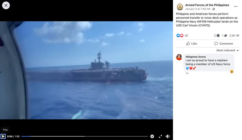 Video footage released by the Philippines Armed Forces shows a helicopter in the drills landing on the USS Carl Vinson. (Screenshot/Official Facebook of the Armed Forces of the Philippines)