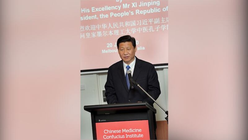 2010年6月20日，时任中国国家副主席的习近平在墨尔本出席皇家墨尔本理工大学中医孔子学院授牌仪式，发表讲话。（法新社）