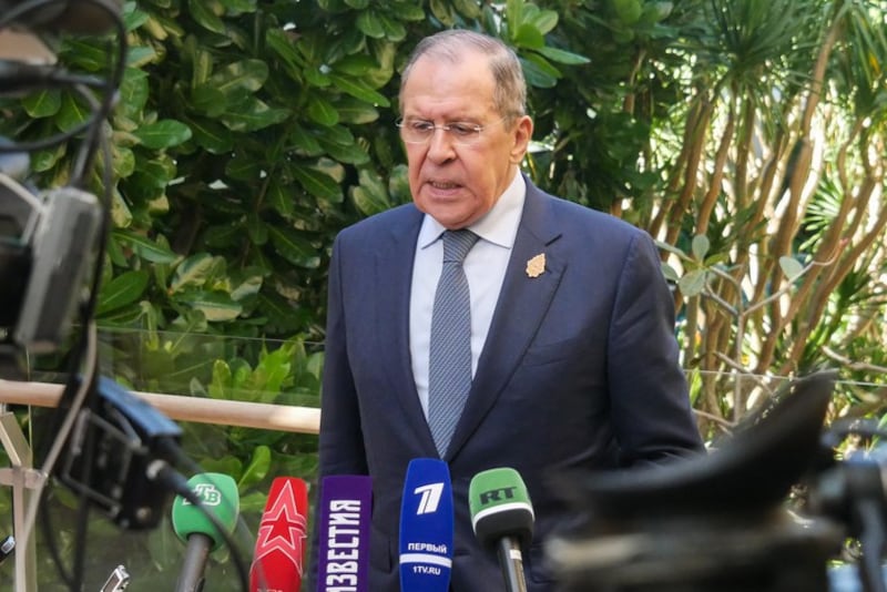 Russian Foreign Minister Sergey Lavrov speaks to reporters during the G20 Foreign Ministers' Meeting at the Mulia Hotel in Nusa Dua, Bali, Indonesia, July 8, 2022. Credit: Joan Tanamal/BenarNews