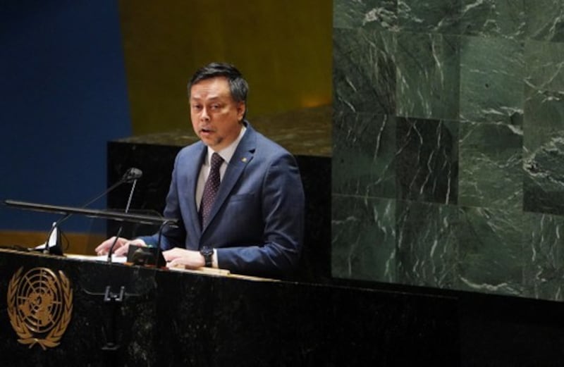 Syed Mohamad Hasrin Aidid, Malaysia's ambassador to the United Nations, speaks during the 11th emergency special session of the 193-member U.N. General Assembly on Russia's invasion of Ukraine, at U.N. headquarters in New York, March 1, 2022. Credit: Reuters