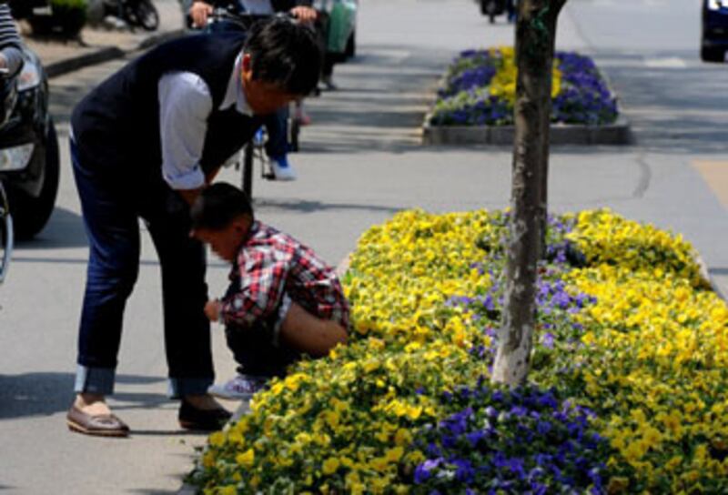 2013年5月1日，中國，蘇州，遊客帶著孩子在路邊的花壇裡大小便。（法新社圖片）