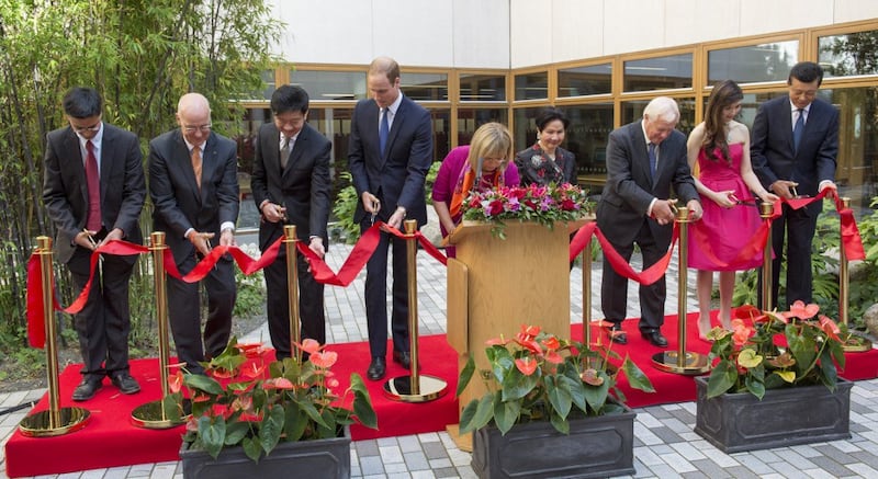 Britain's Prince William cuts the ribbon during the official opening of The Dickson Poon University of Oxford China Centre Building in Oxford, Sept. 8, 2014. Credit: AFP