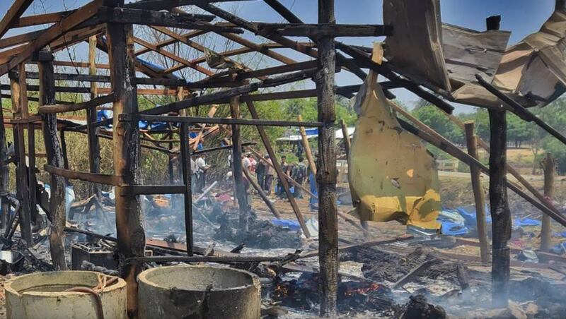 In this April 11, 2023 image grab from a video, a destroyed building structure is seen following Myanmar junta shelling and air strikes on Pa Zi Gyi village, Kanbalu township, Sagaing region. Credit: Citizen journalist